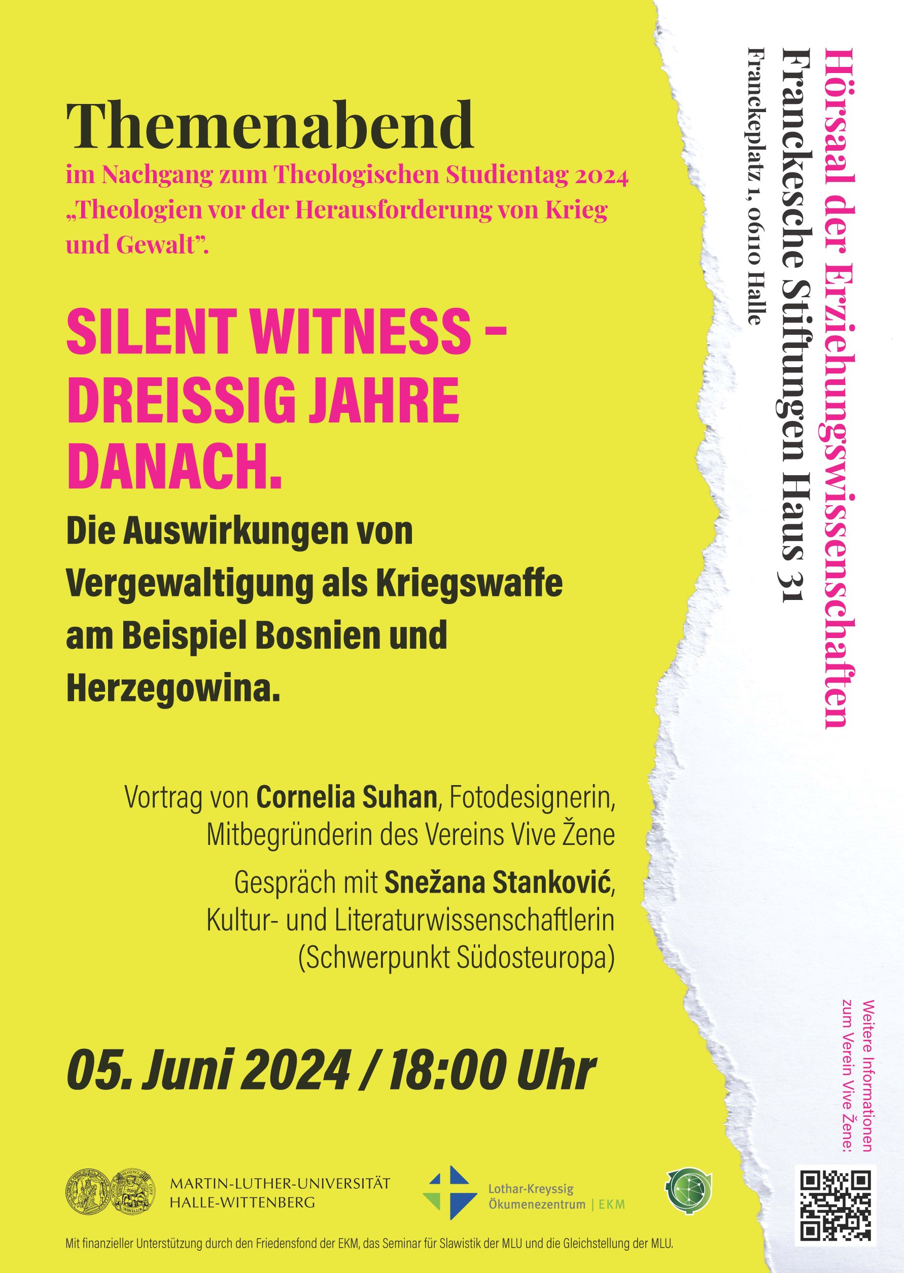 Plakat zum Vortrag "Silent Witness - Dreissig Jahre danach"